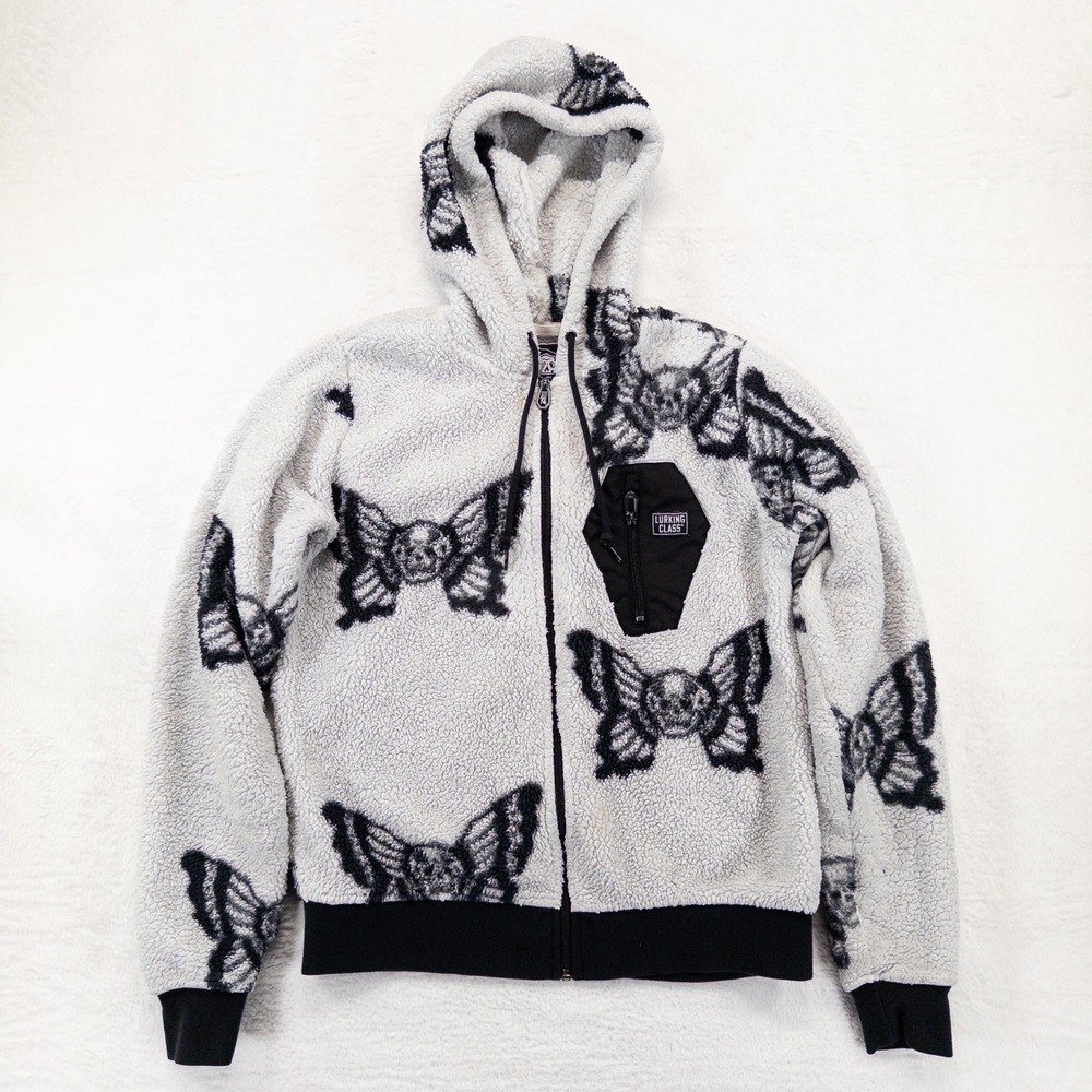 Lurking Class Sherpa Fleece Hoodie Sz Small White Black Butterfly Skull Zip Up